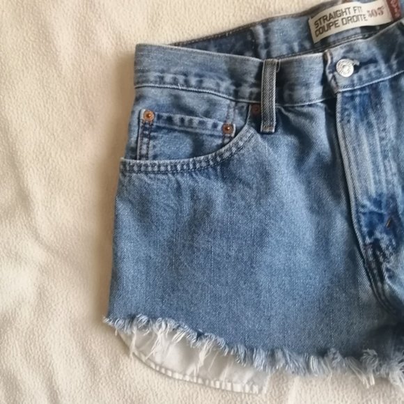 Levi's 505 Medium Wash High Waisted Distressed Denim Shorts - Picture 6 of 13